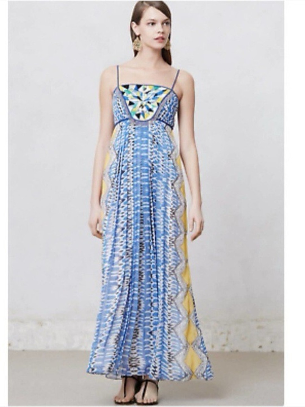 Ranna Gill Anthropologie Sunburst Maxi Dress, Blue/Yellow Beaded Aztec, Large